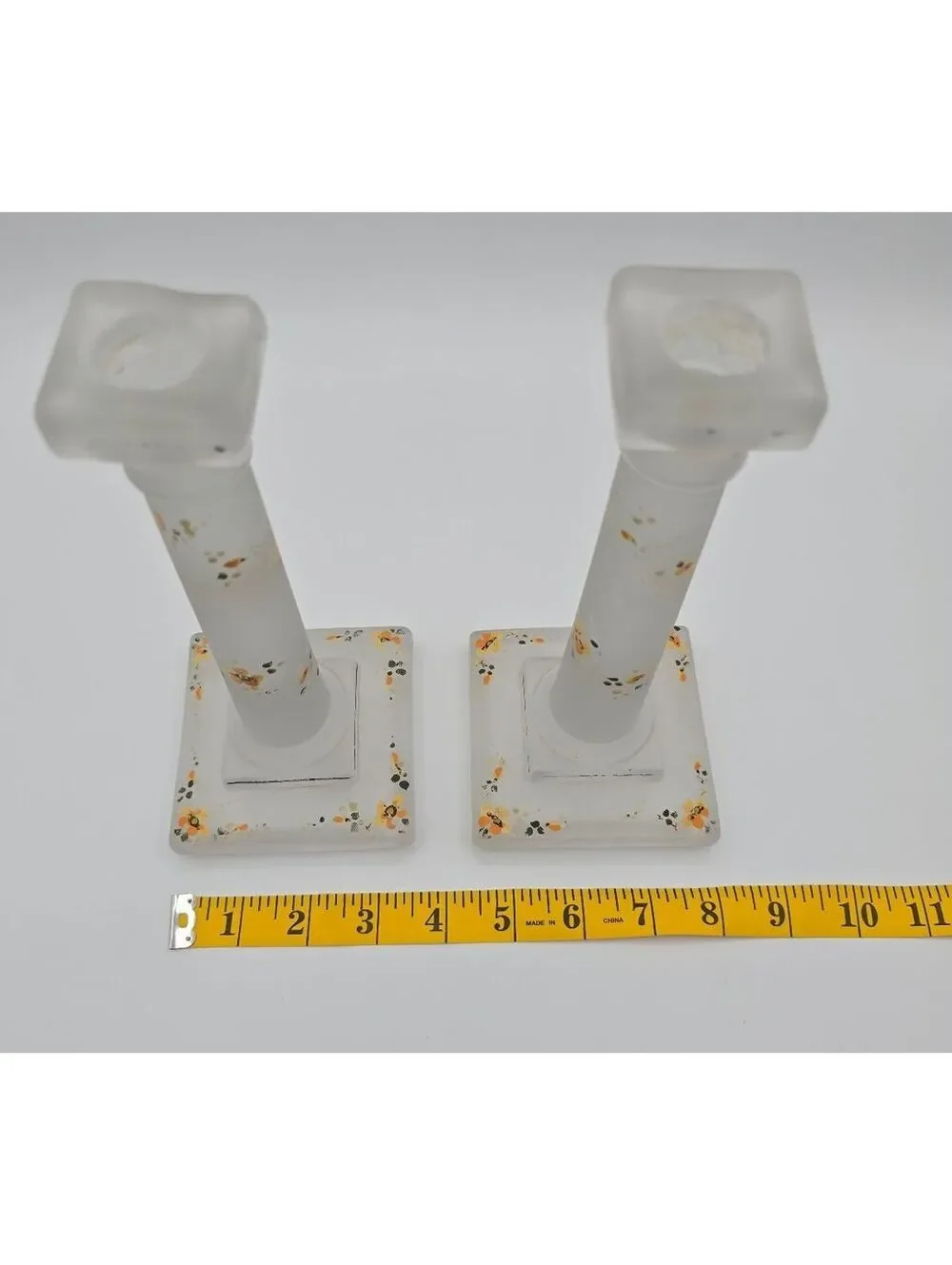 Vintage Hand Painted Satin Frosted Glass Candlestick Holders Pair Floral